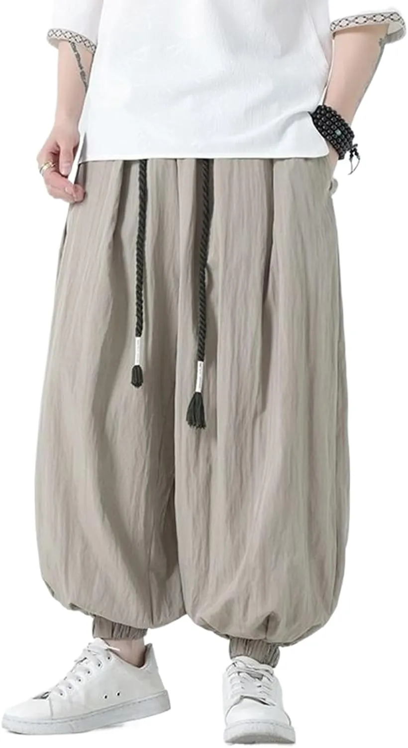 Men's Summer Thin Cotton-Linen Pants,Chinese Style Casual Pants,Plus Size Loose Lantern Pants,Harem Pants