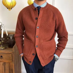 Men's Vintage Buttoned Cardigan – Crew Neck Solid Color Long Sleeve Knitted Sweater for Fall Winter