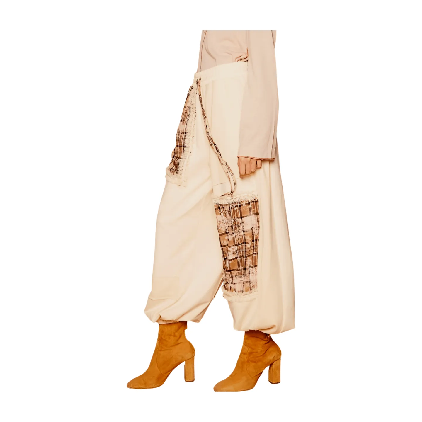 Plaid Contrast French Terry Joggers - Cream