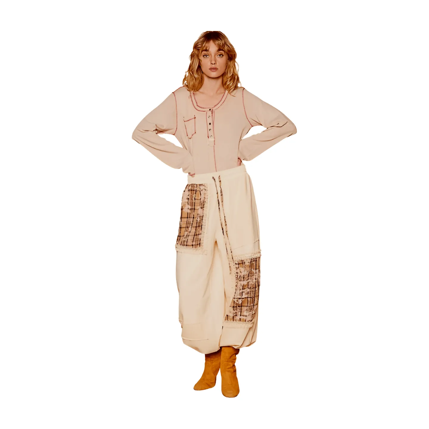 Plaid Contrast French Terry Joggers - Cream