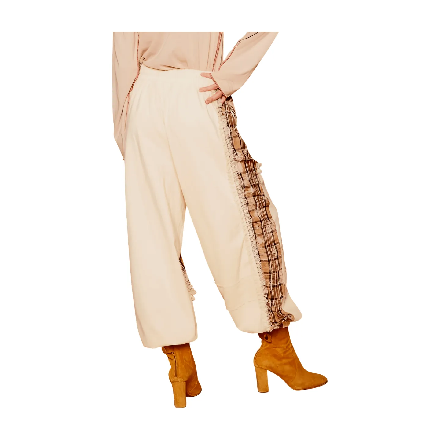 Plaid Contrast French Terry Joggers - Cream