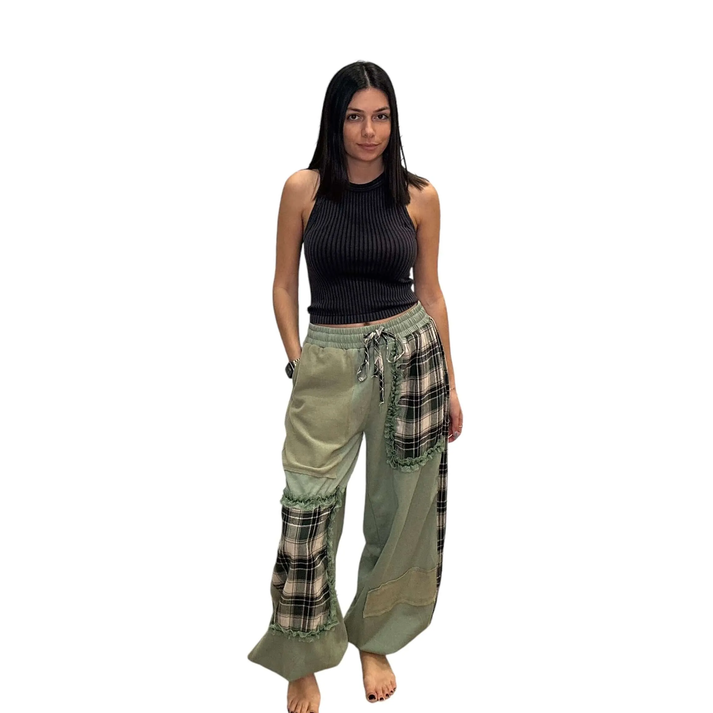 Plaid Contrast French Terry Joggers - Matcha