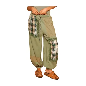 Plaid Contrast French Terry Joggers - Matcha