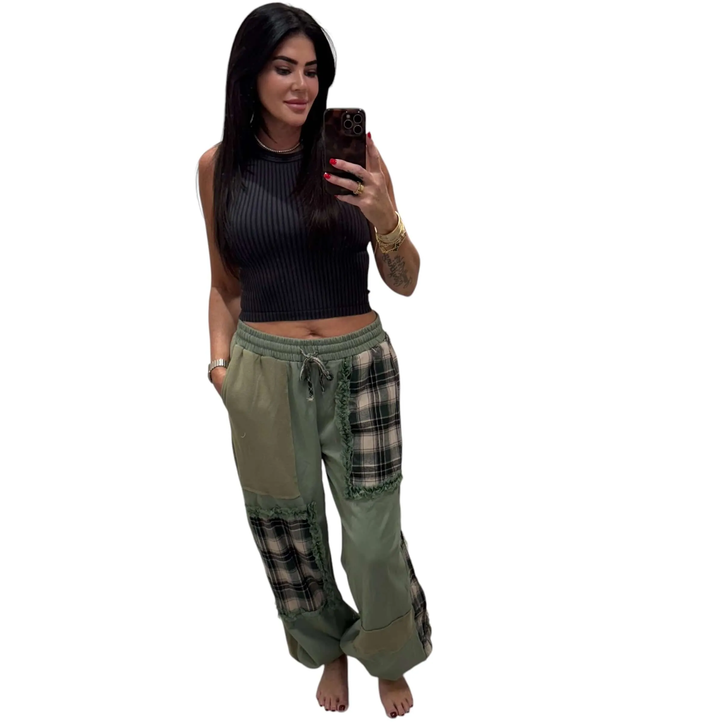Plaid Contrast French Terry Joggers - Matcha