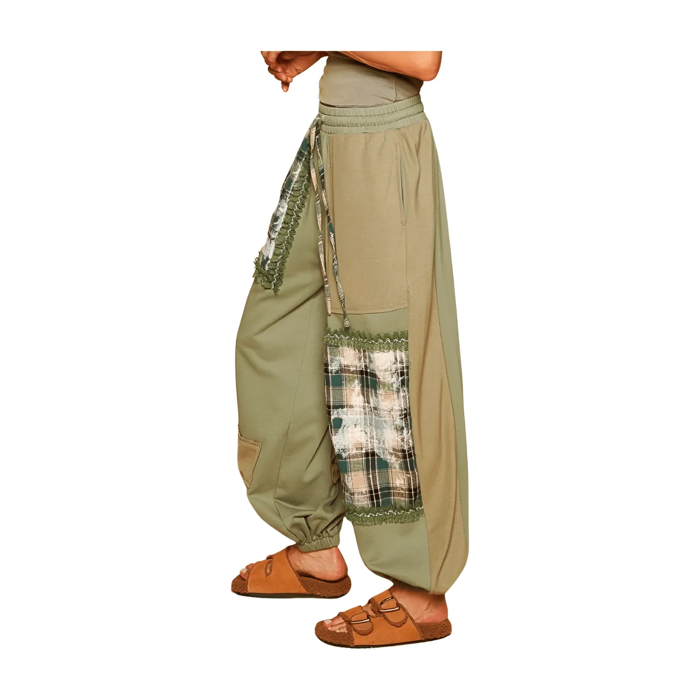 Plaid Contrast French Terry Joggers - Matcha