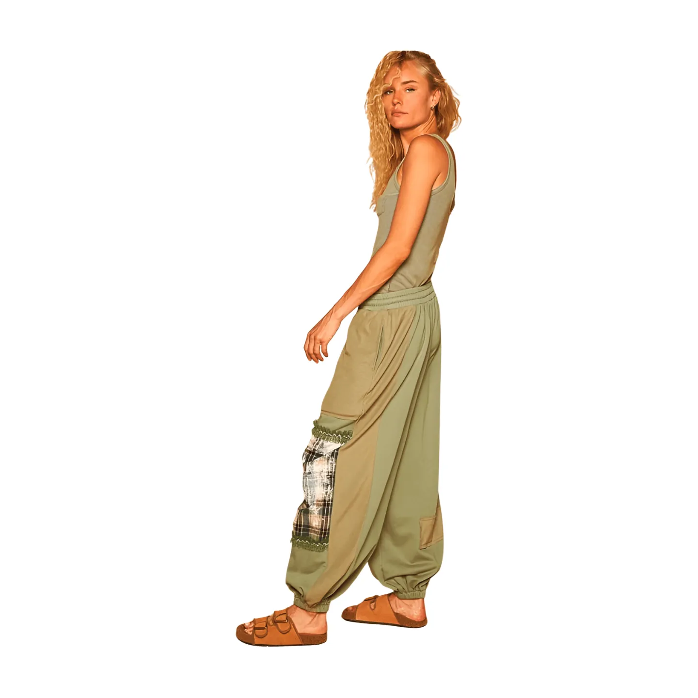 Plaid Contrast French Terry Joggers - Matcha