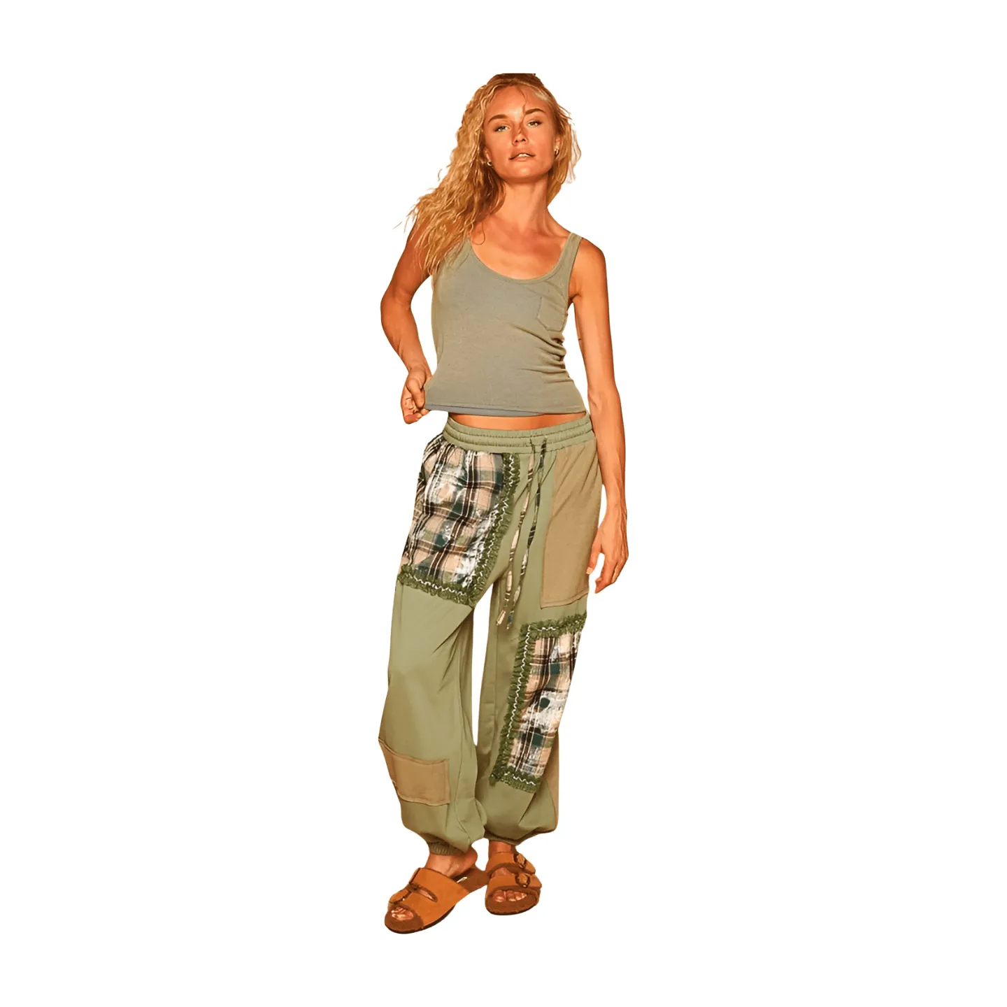 Plaid Contrast French Terry Joggers - Matcha