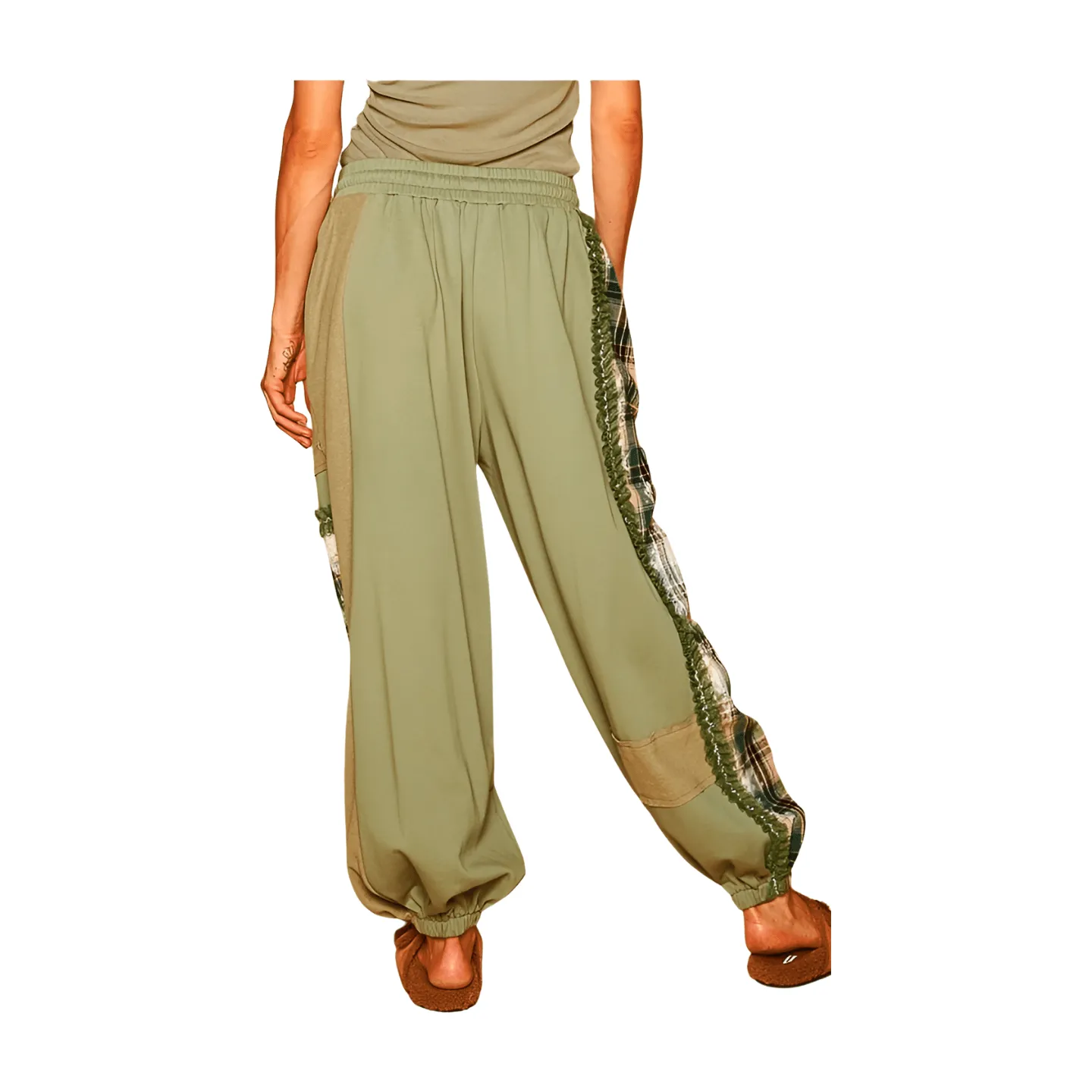 Plaid Contrast French Terry Joggers - Matcha