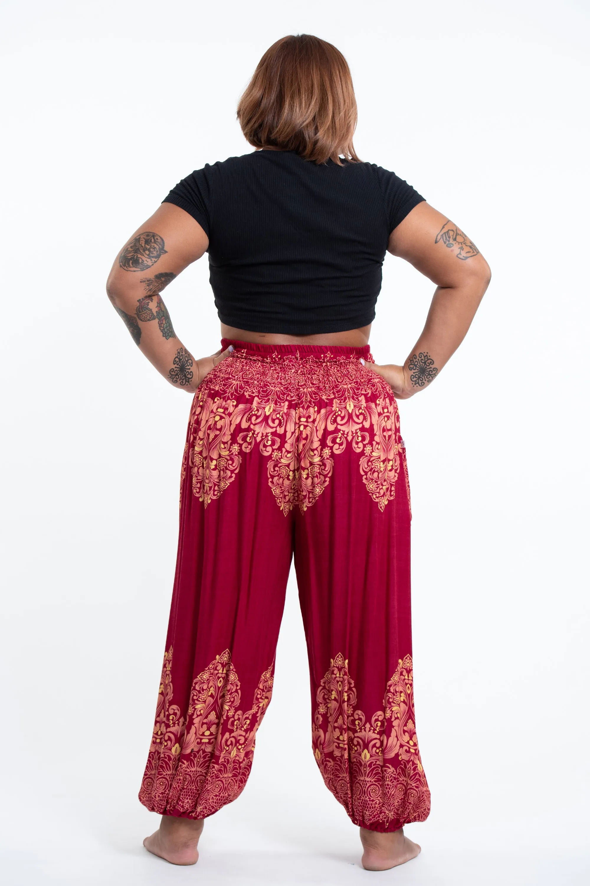 Plus Size Floral Vines Women's Harem Pants in Red