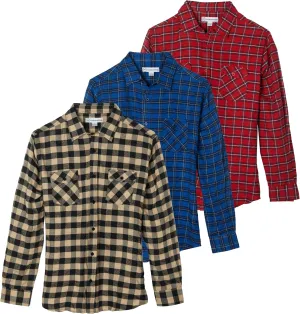 Real Essentials 3 Pack: Men's Long-Sleeve Flannel Button Down Plaid Casual Shirt (Available in Big & Tall)