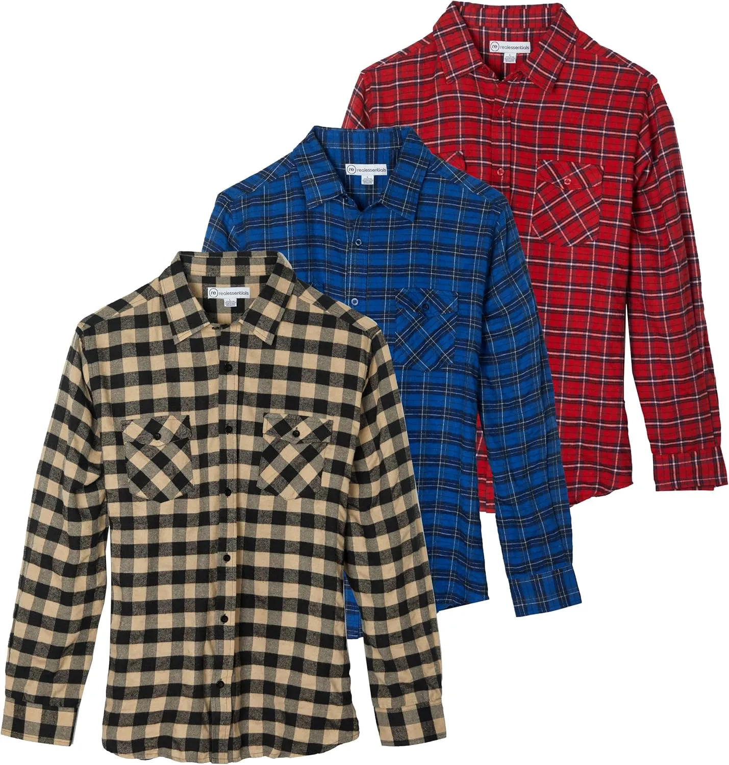Real Essentials 3 Pack: Men's Long-Sleeve Flannel Button Down Plaid Casual Shirt (Available in Big & Tall)