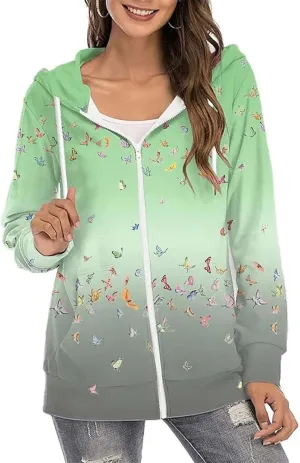 RMXEi women winter coats Ladies Casual Full Zip Hoodie Floral Print Loose Long Sleeve Jacket With Pockets Coat