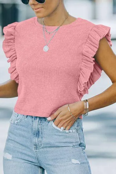 Ruffled Round Neck Cap Sleeve Blouse