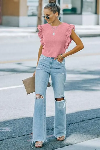 Ruffled Round Neck Cap Sleeve Blouse