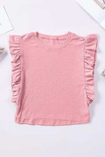 Ruffled Round Neck Cap Sleeve Blouse