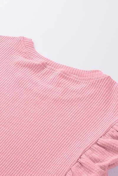 Ruffled Round Neck Cap Sleeve Blouse