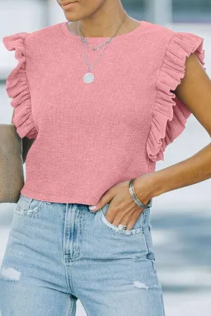 Ruffled Round Neck Cap Sleeve Blouse