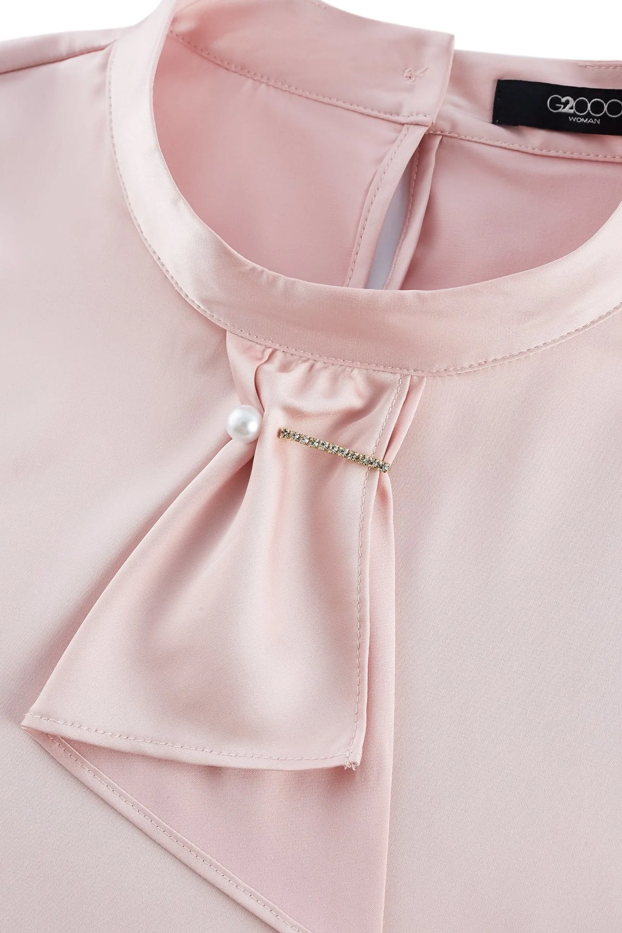 Satin Stand Collar Blouse With Brooch