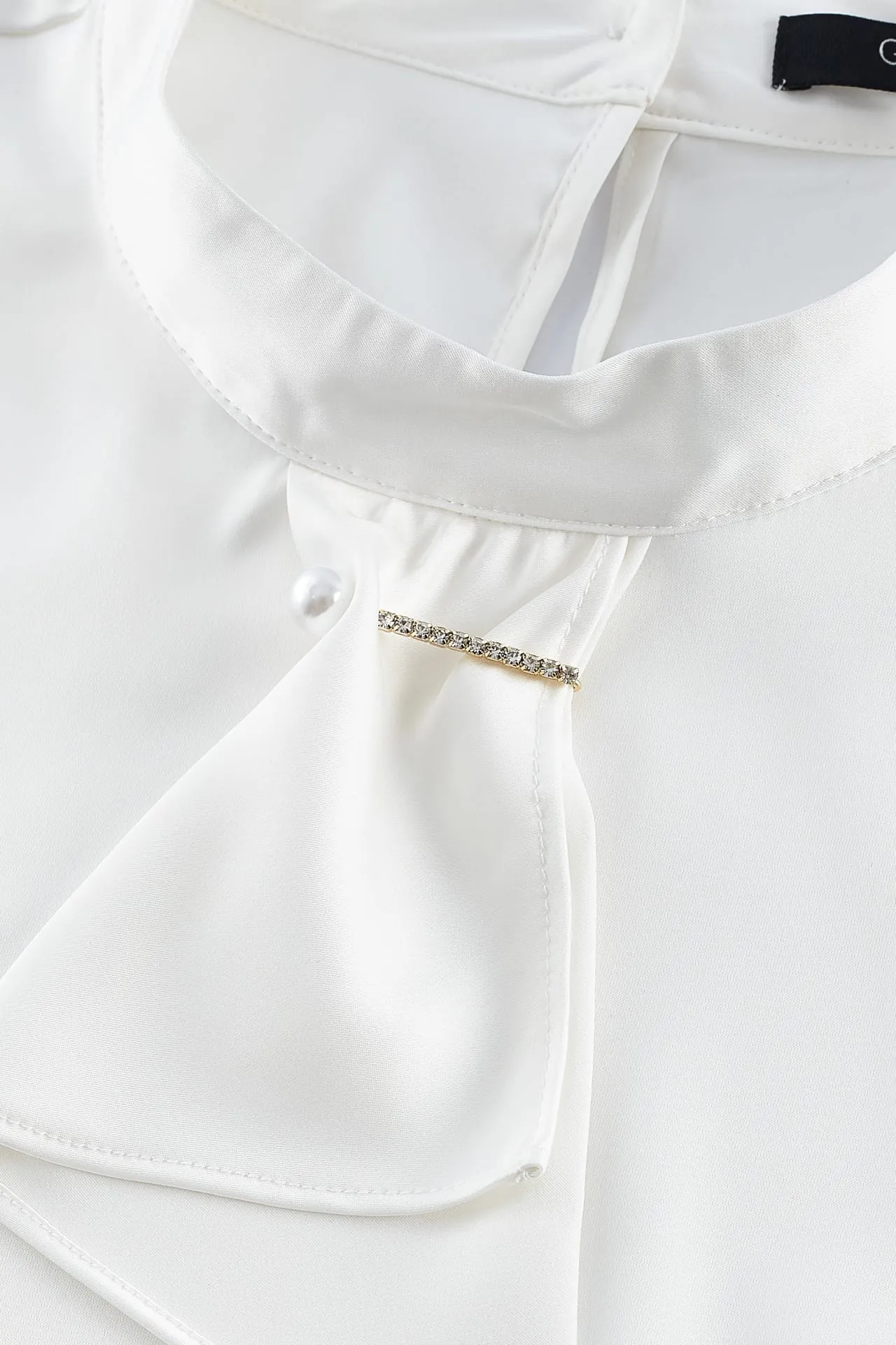Satin Stand Collar Blouse With Brooch