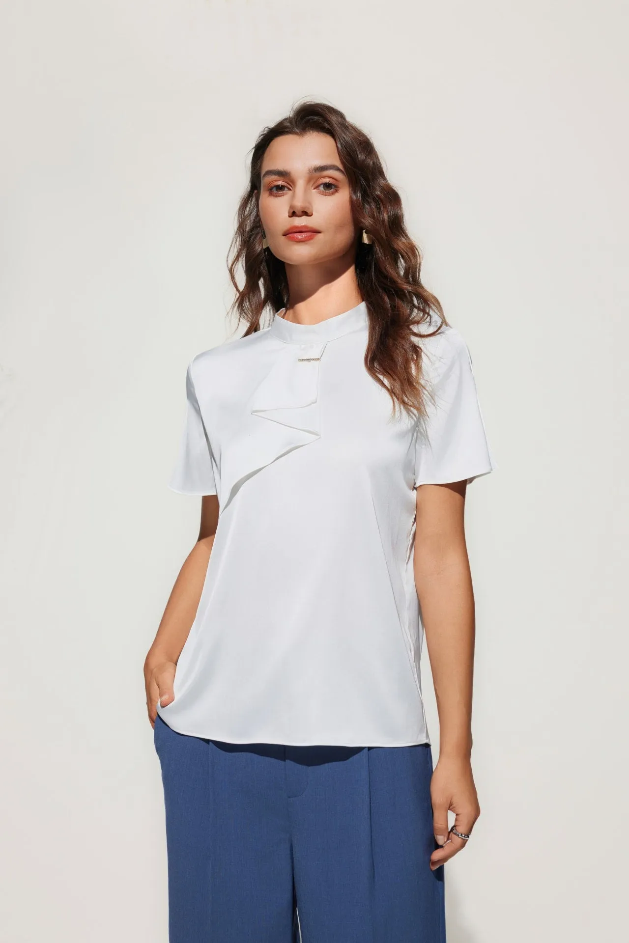 Satin Stand Collar Blouse With Brooch