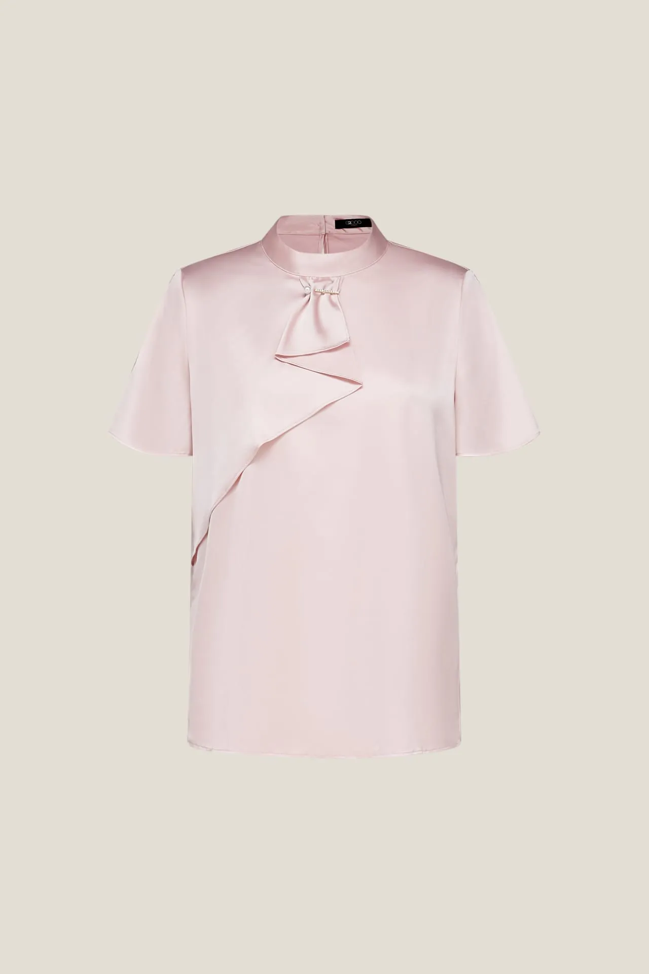 Satin Stand Collar Blouse With Brooch