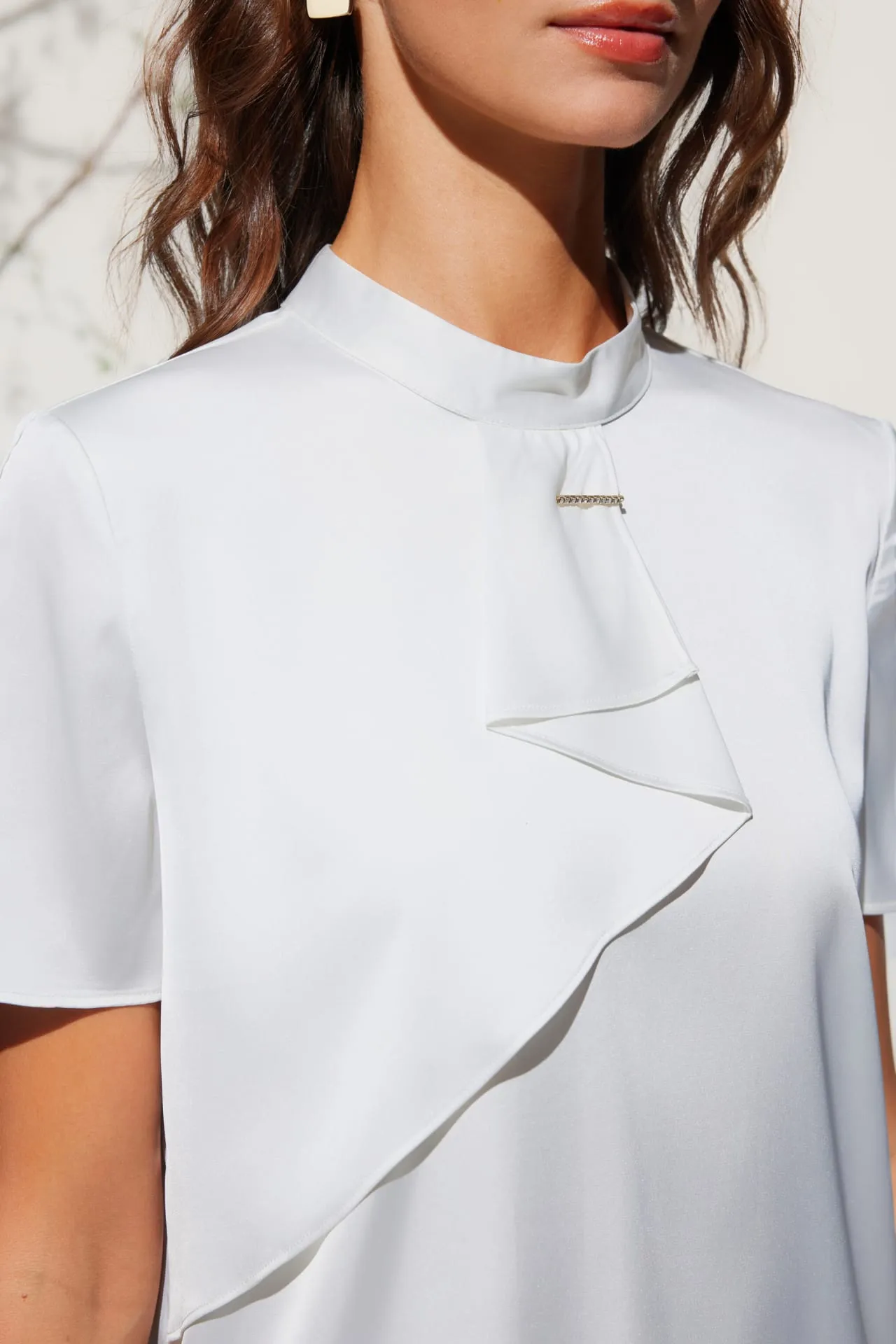 Satin Stand Collar Blouse With Brooch