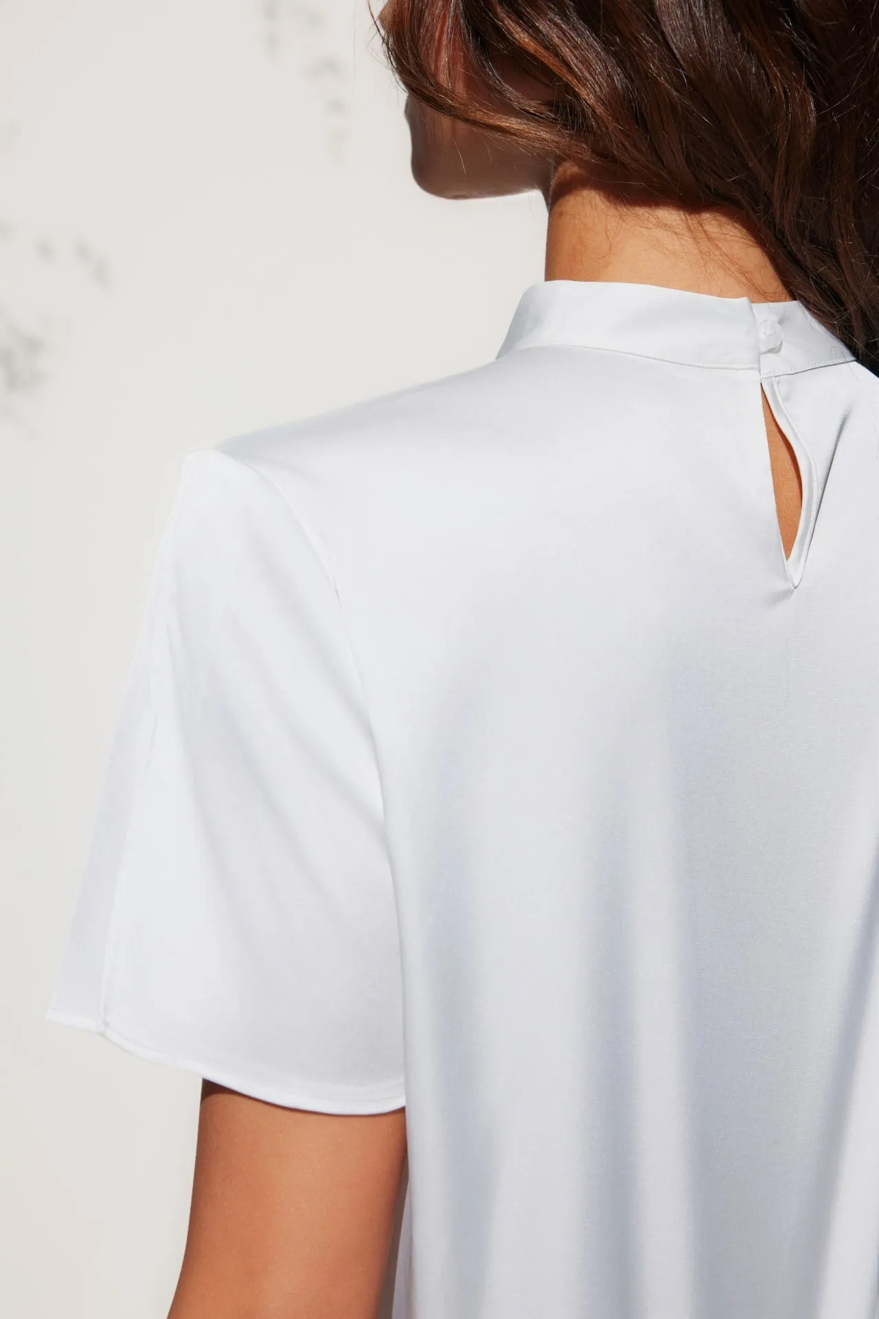 Satin Stand Collar Blouse With Brooch