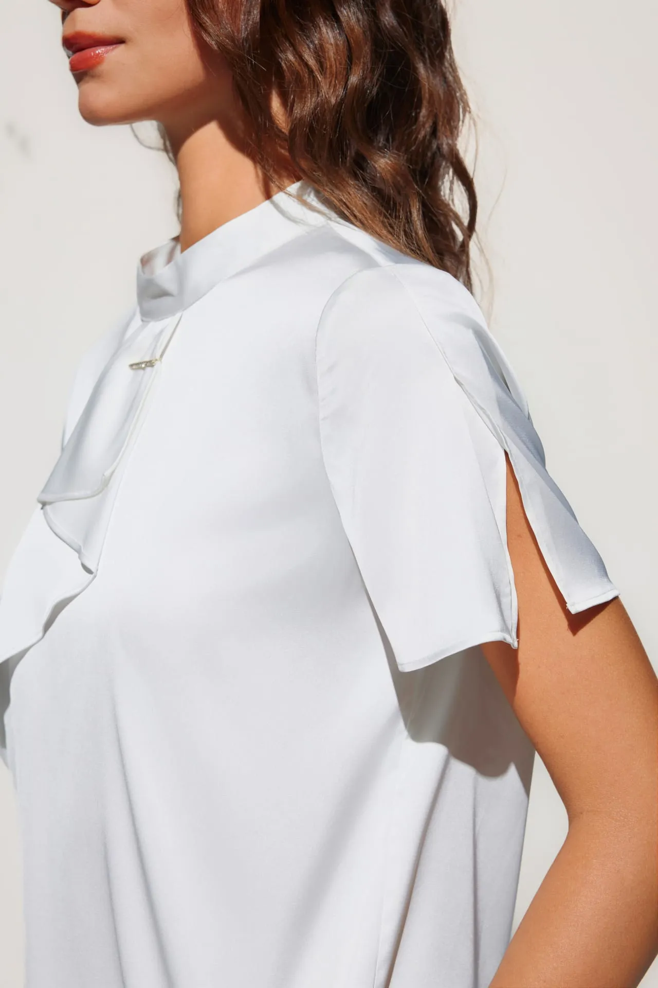 Satin Stand Collar Blouse With Brooch