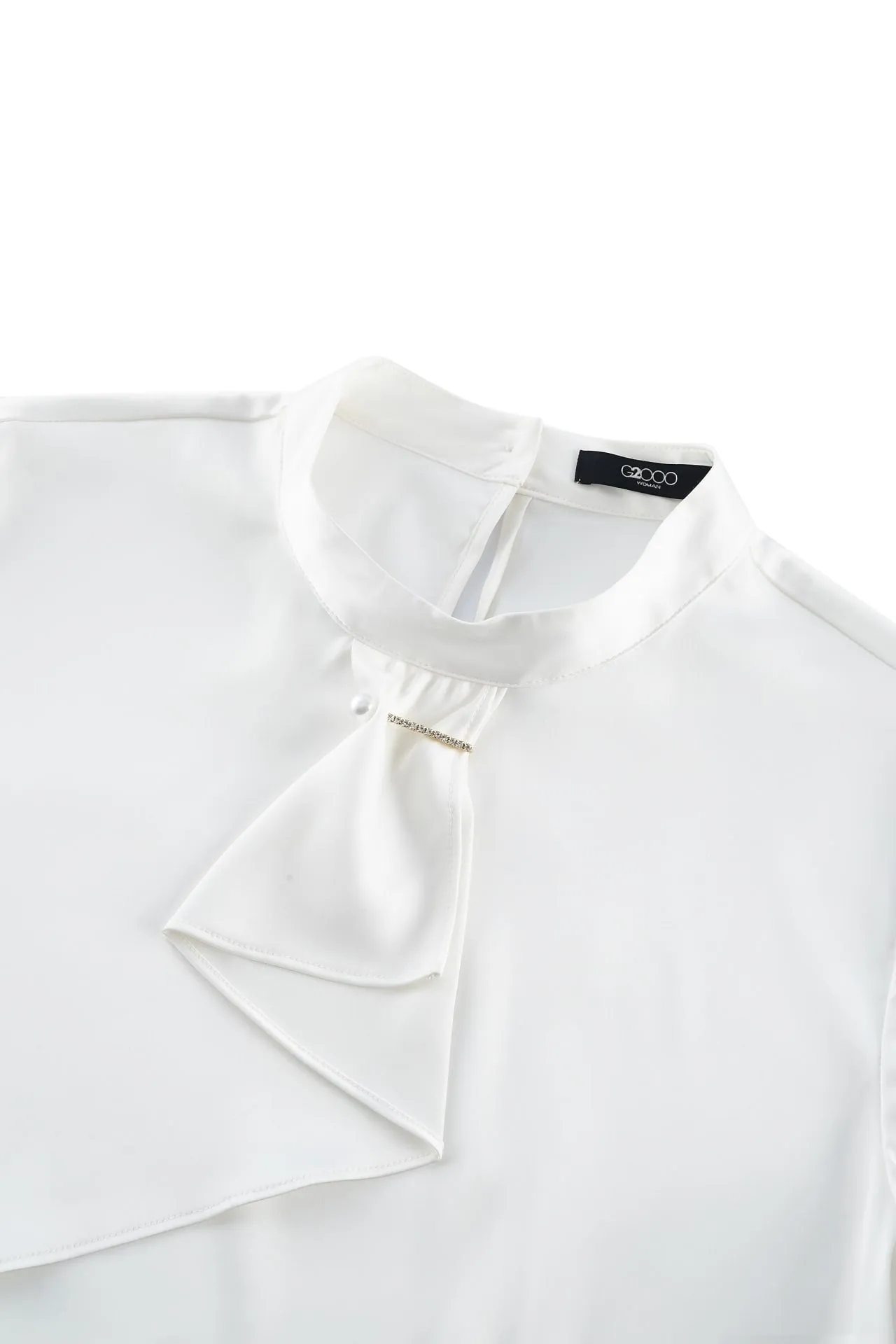 Satin Stand Collar Blouse With Brooch