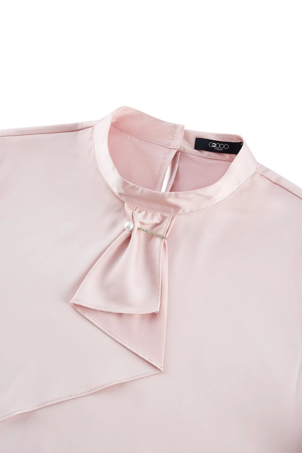 Satin Stand Collar Blouse With Brooch