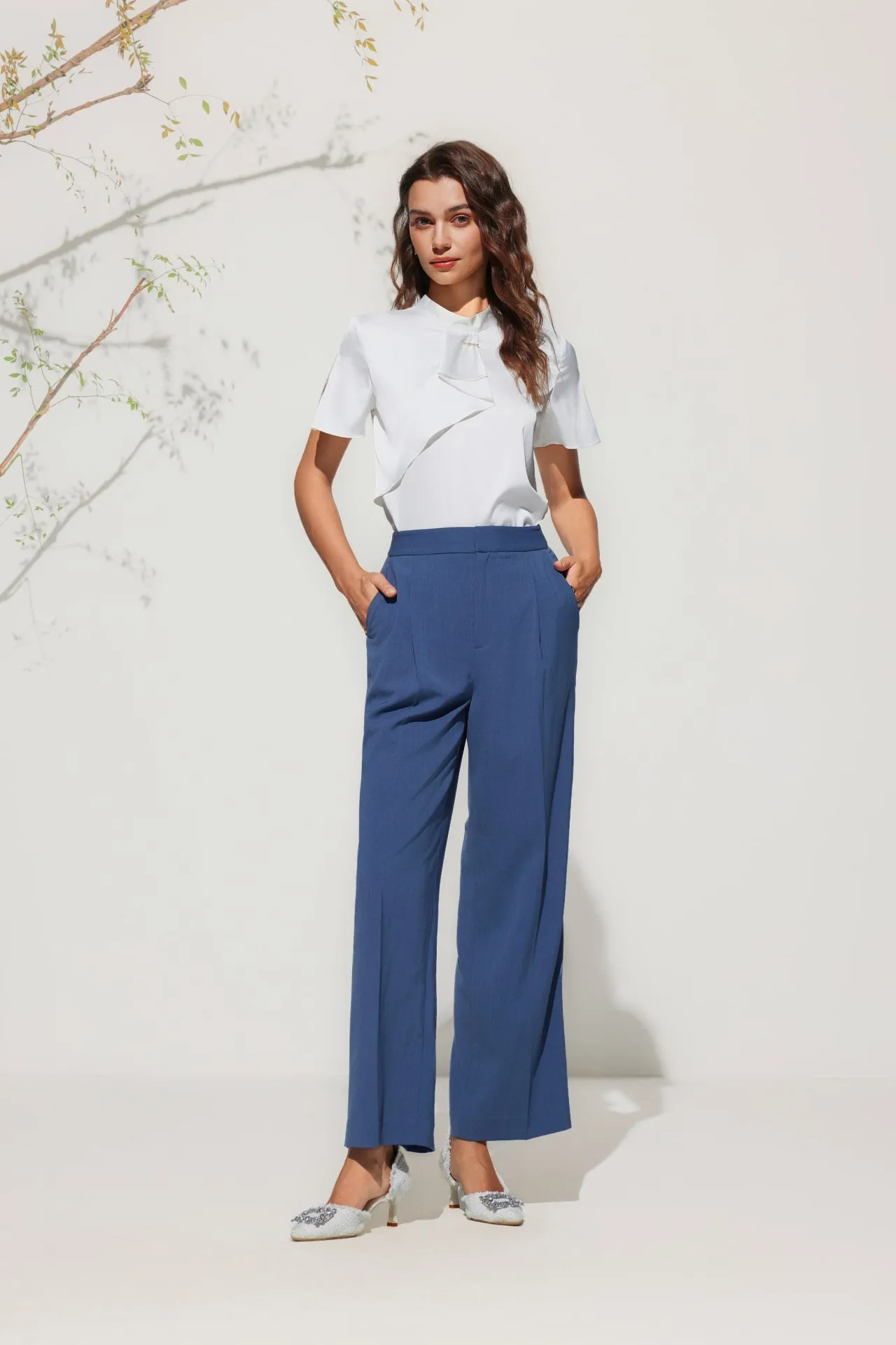 Satin Stand Collar Blouse With Brooch
