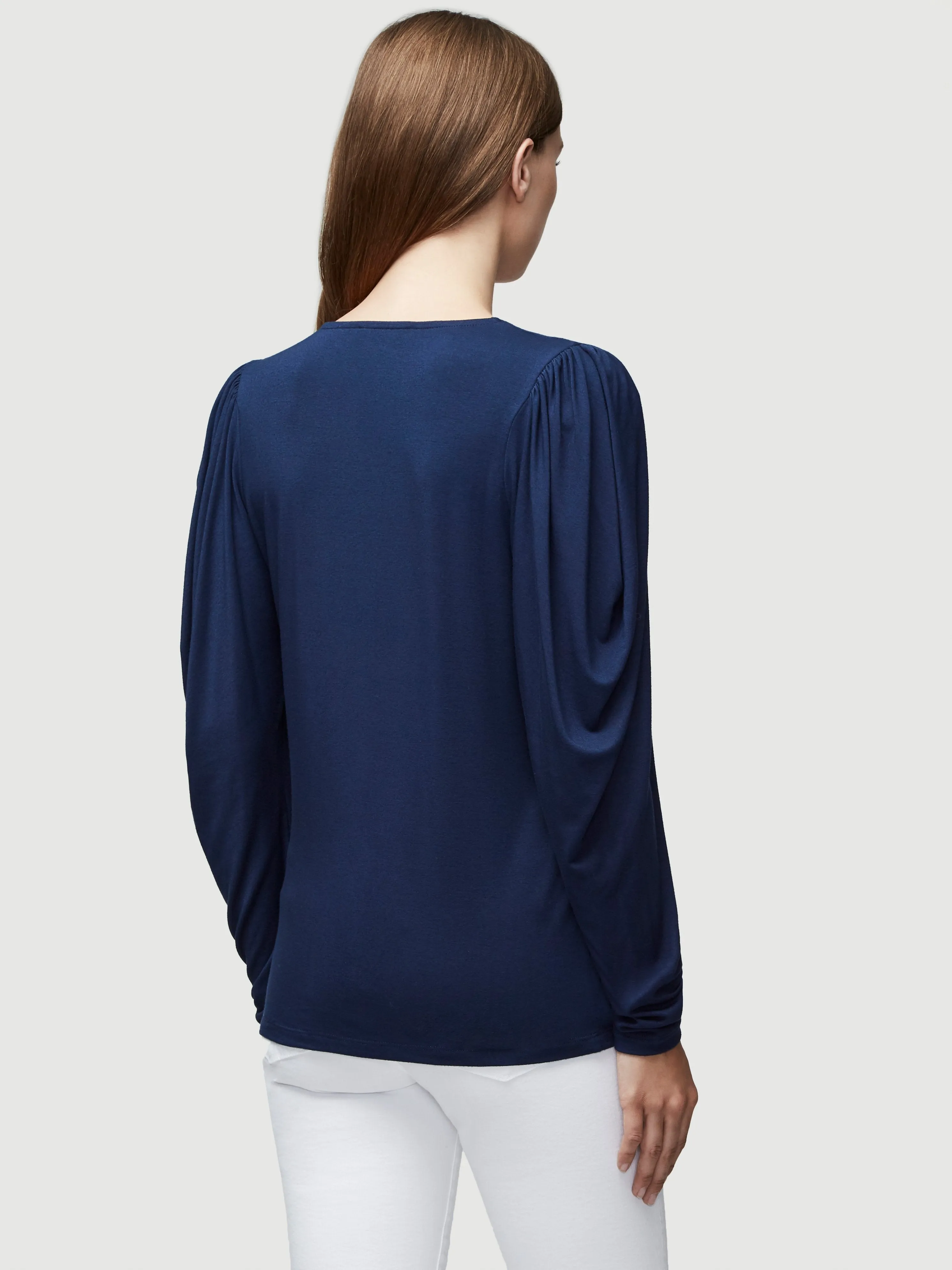 Shirred V Neck Knit Top -- Navy