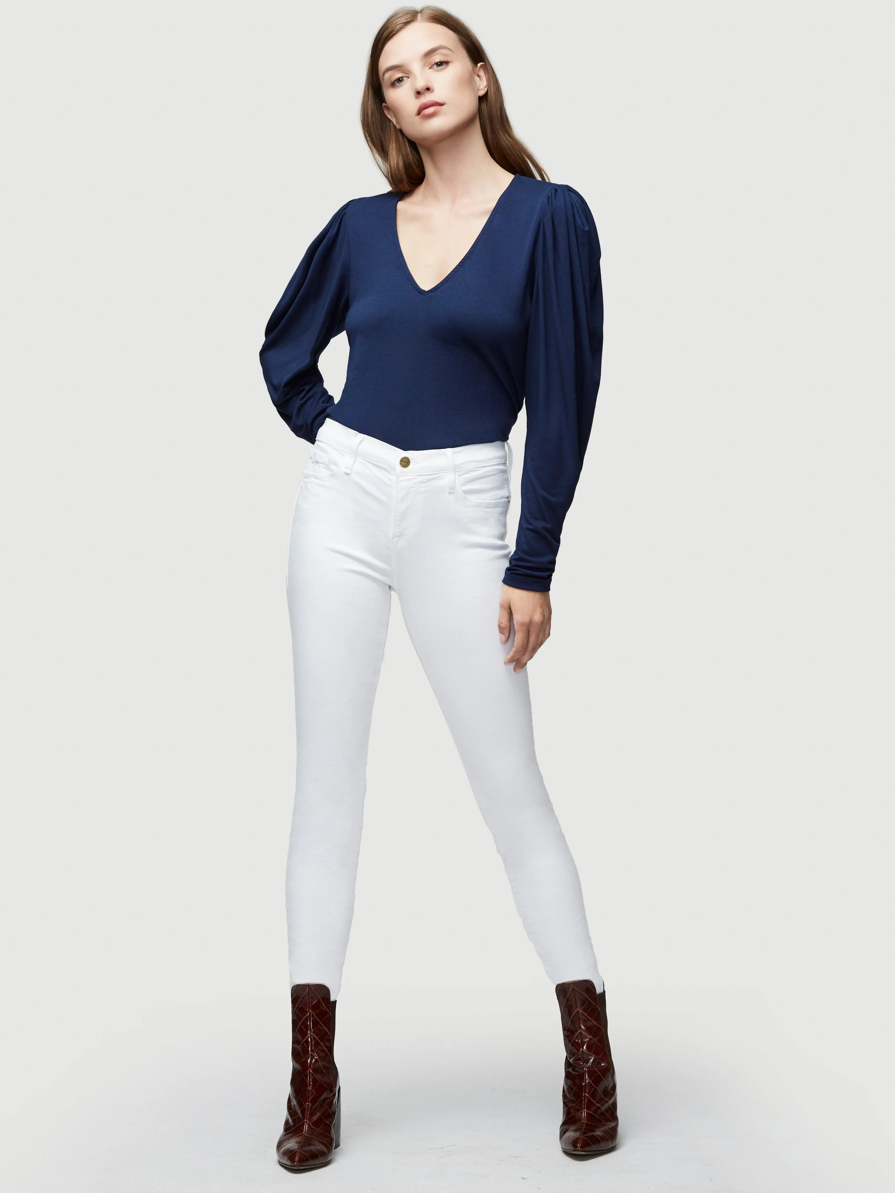 Shirred V Neck Knit Top -- Navy