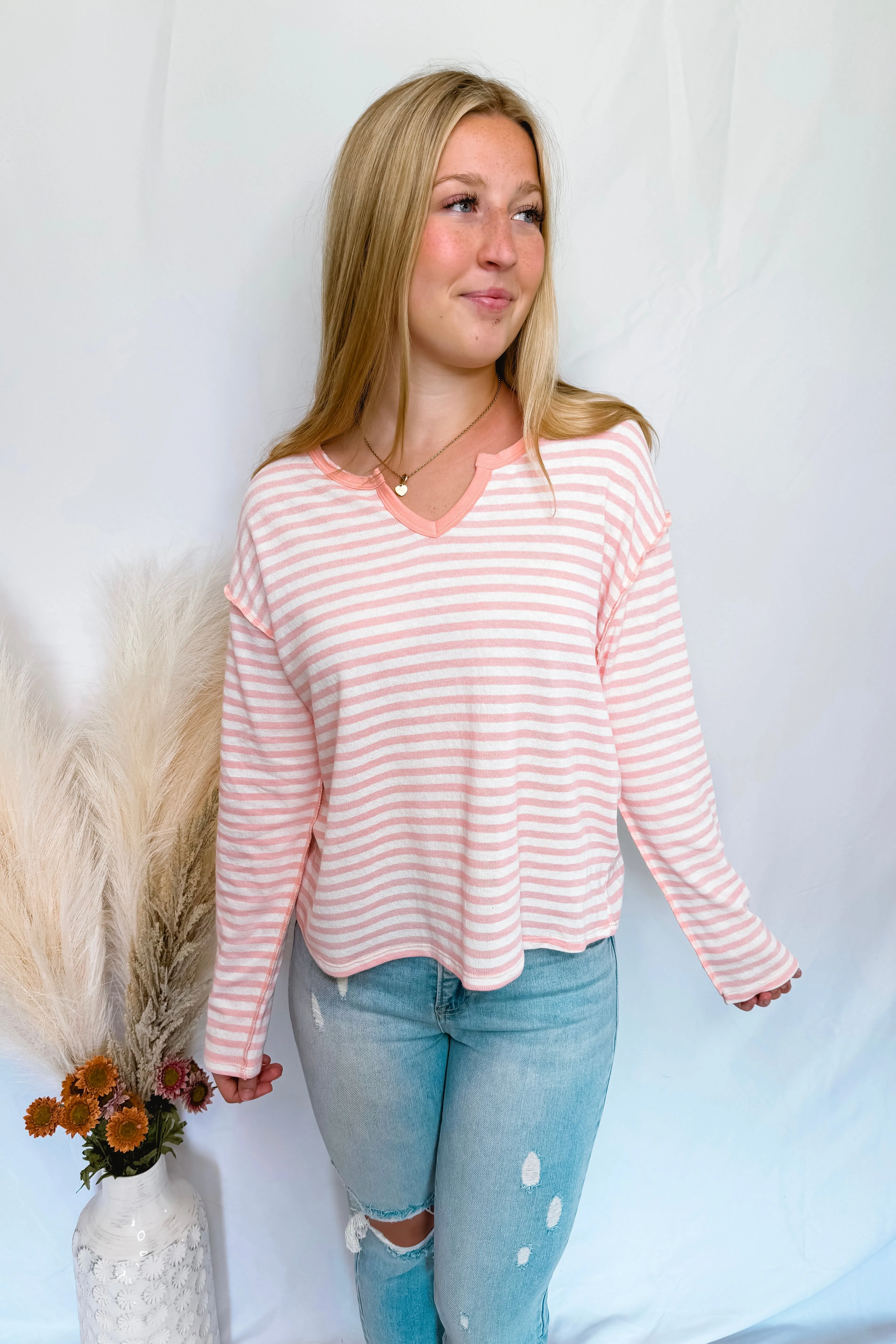 Simple Choice Split Neck Top - Pink