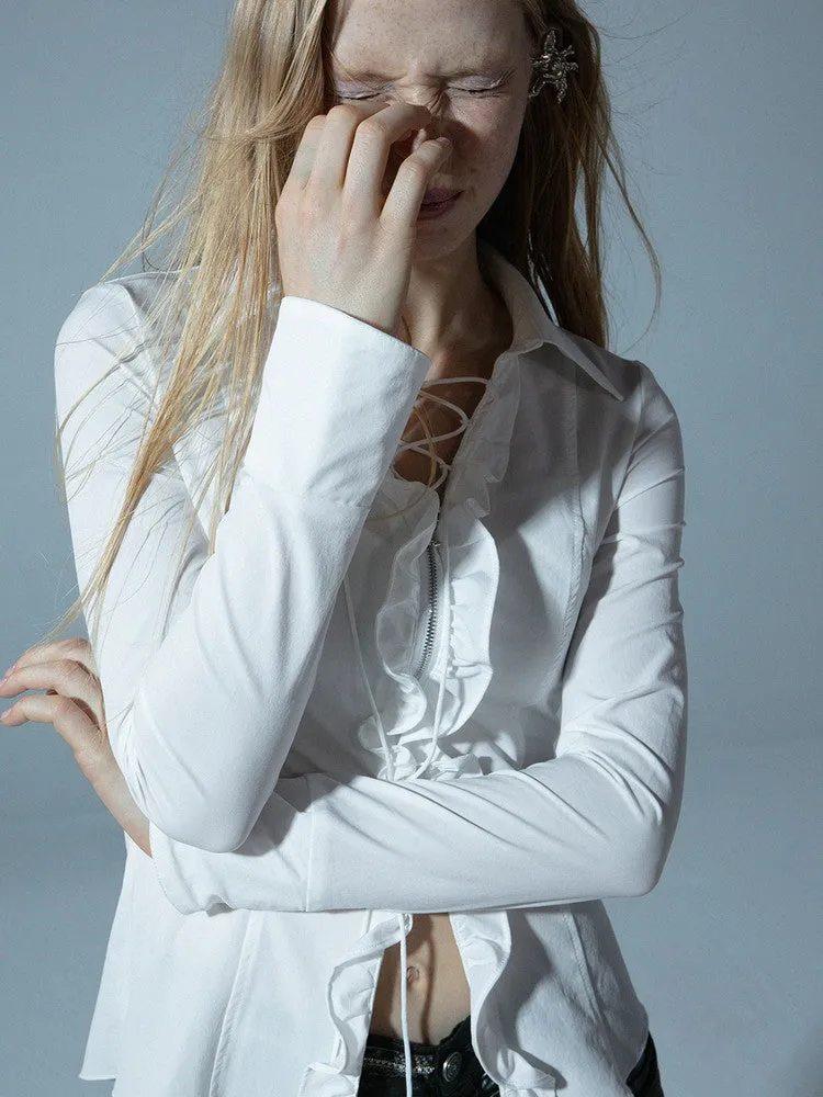 Slim Lace-Up Frill Long-Sleeve Simple Tops