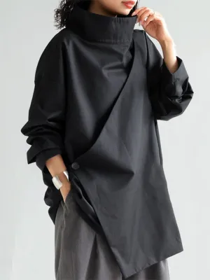 Solid Color Long Sleeves Loose High Neck T-Shirts Tops