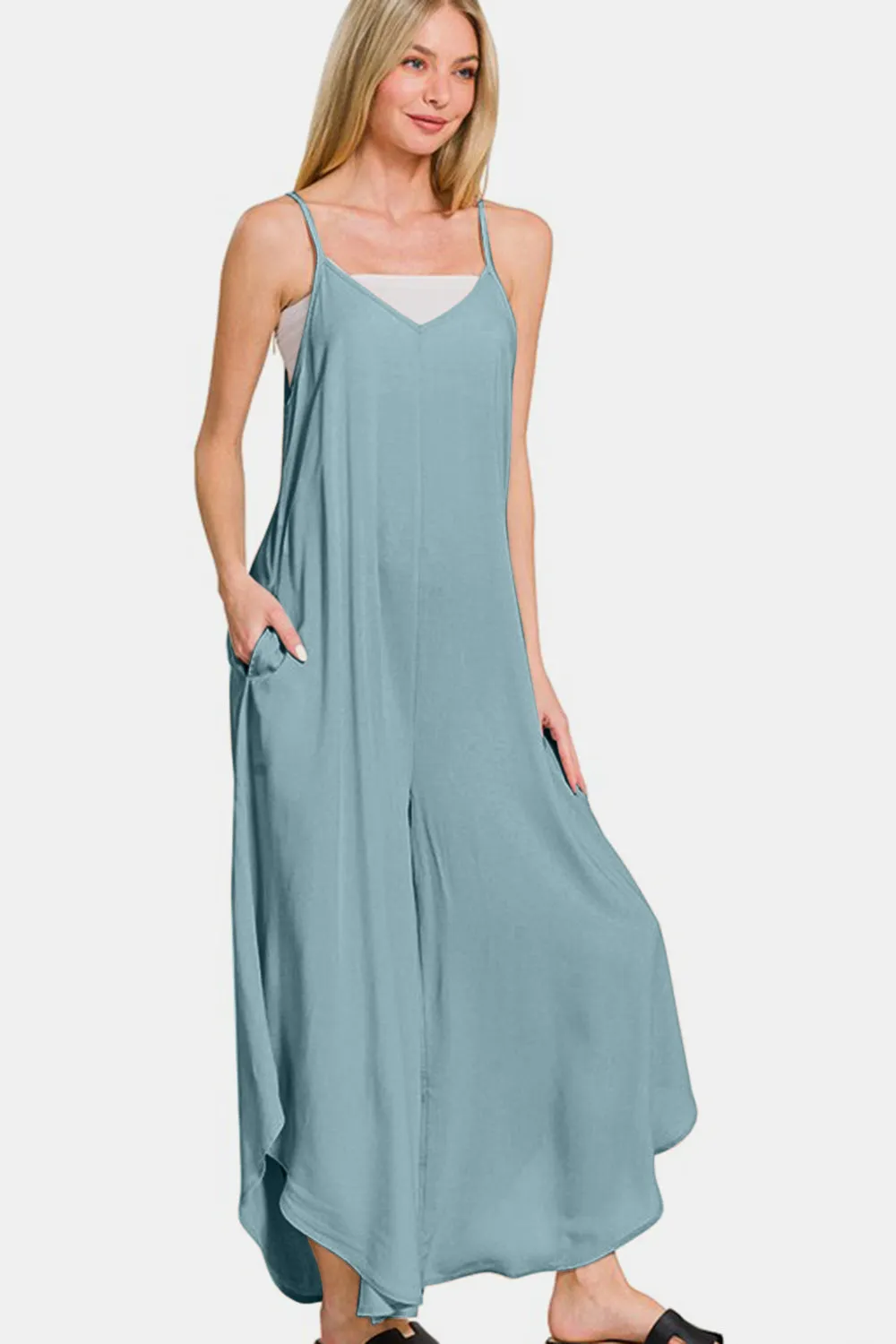 Spaghetti Strap Wide Leg Overalls with Pockets