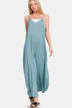 Spaghetti Strap Wide Leg Overalls with Pockets