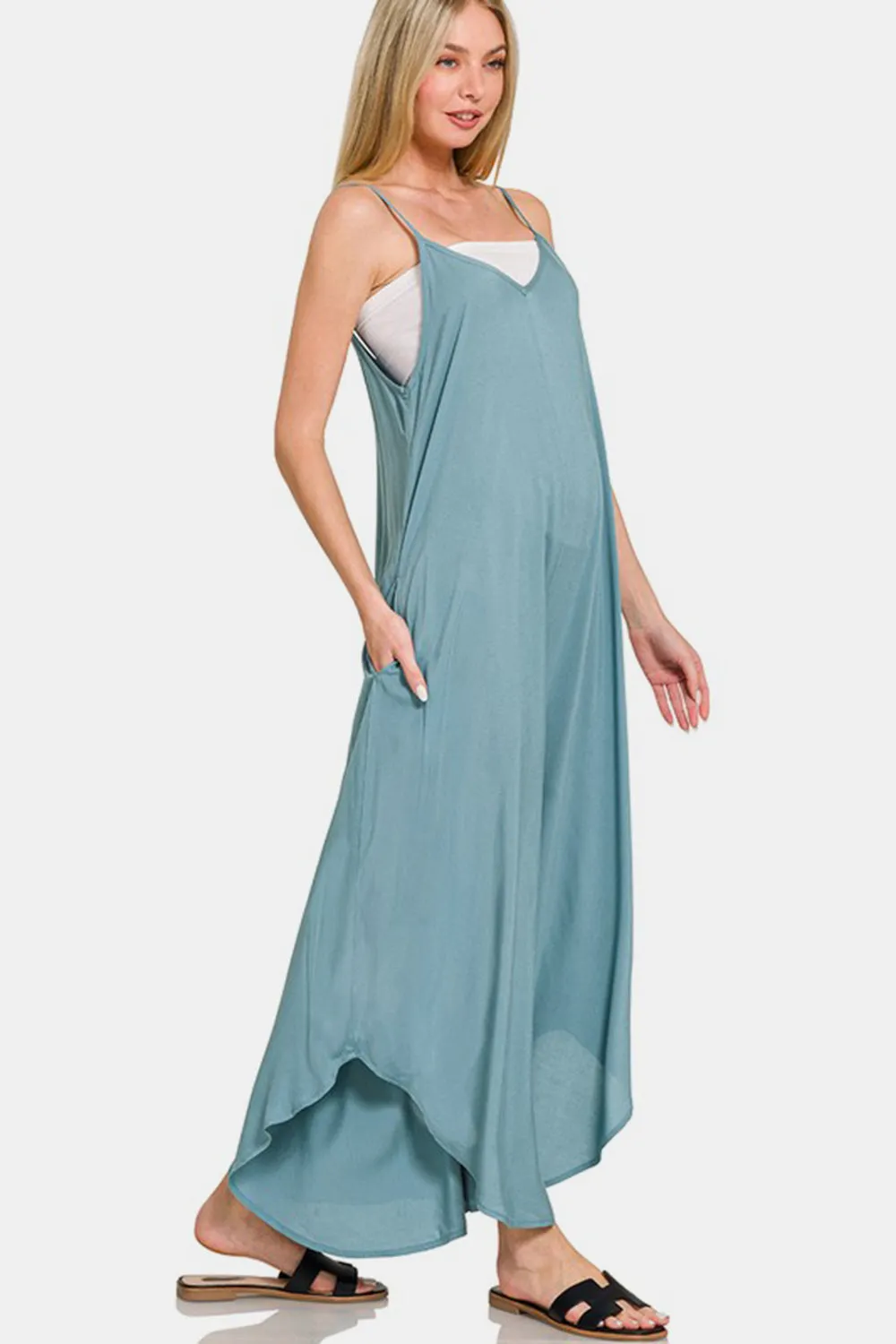 Spaghetti Strap Wide Leg Overalls with Pockets