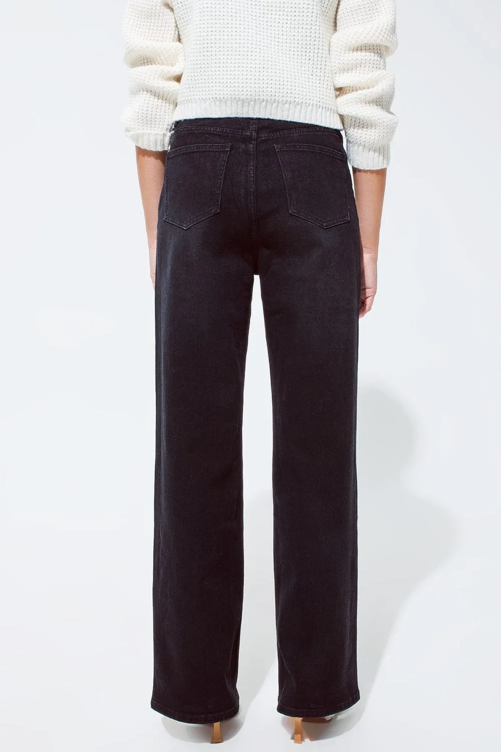 Straight Leg Jeans With Waist Stitching Detail In Black