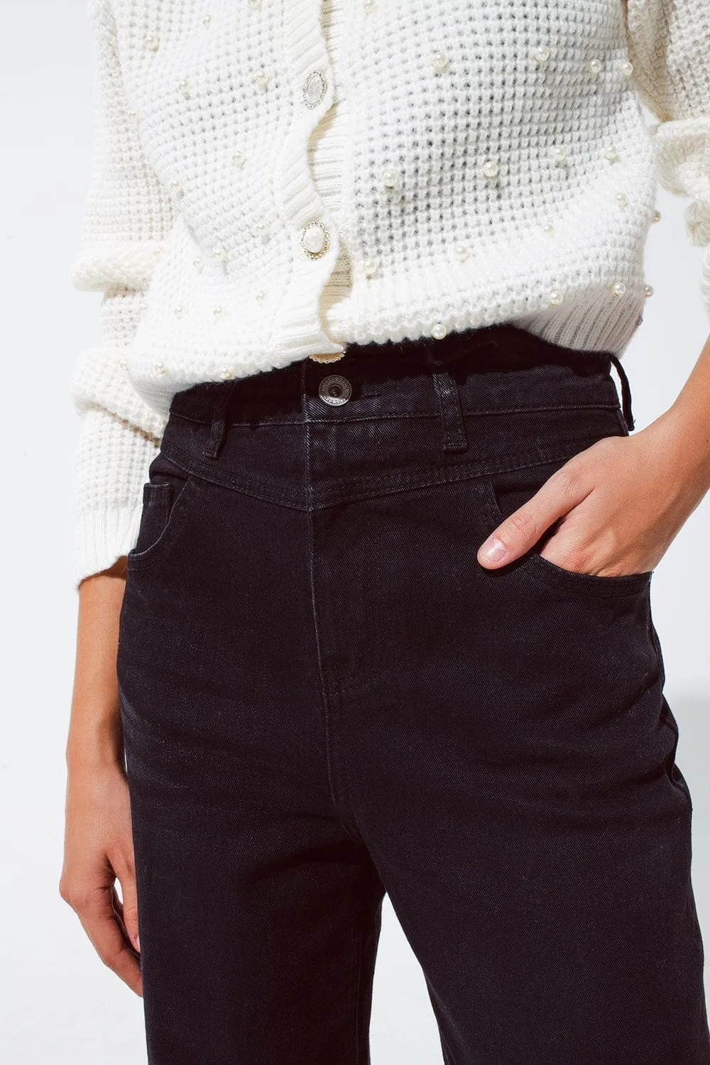 Straight Leg Jeans With Waist Stitching Detail In Black