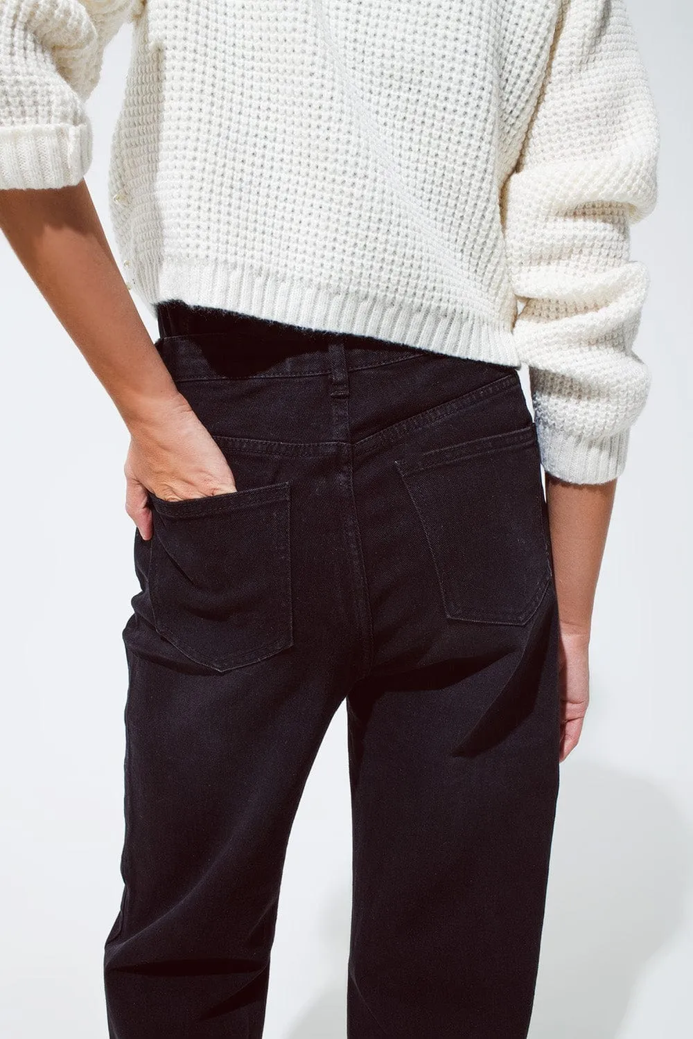 Straight Leg Jeans With Waist Stitching Detail In Black