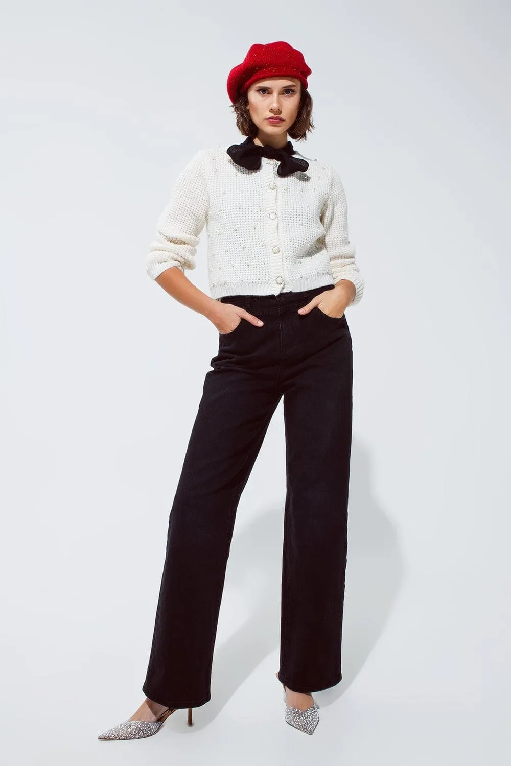 Straight Leg Jeans With Waist Stitching Detail In Black