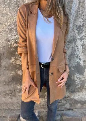 Stylish Brown Peter Pan Collar Button Patchwork Faux Suede Coat Fall
