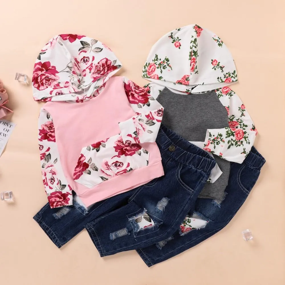 Toddler Girls Flower Printed Long Sleeve Top & Pants Wholesale Girl Clothing