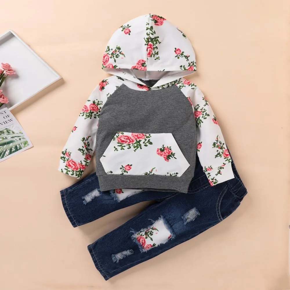 Toddler Girls Flower Printed Long Sleeve Top & Pants Wholesale Girl Clothing