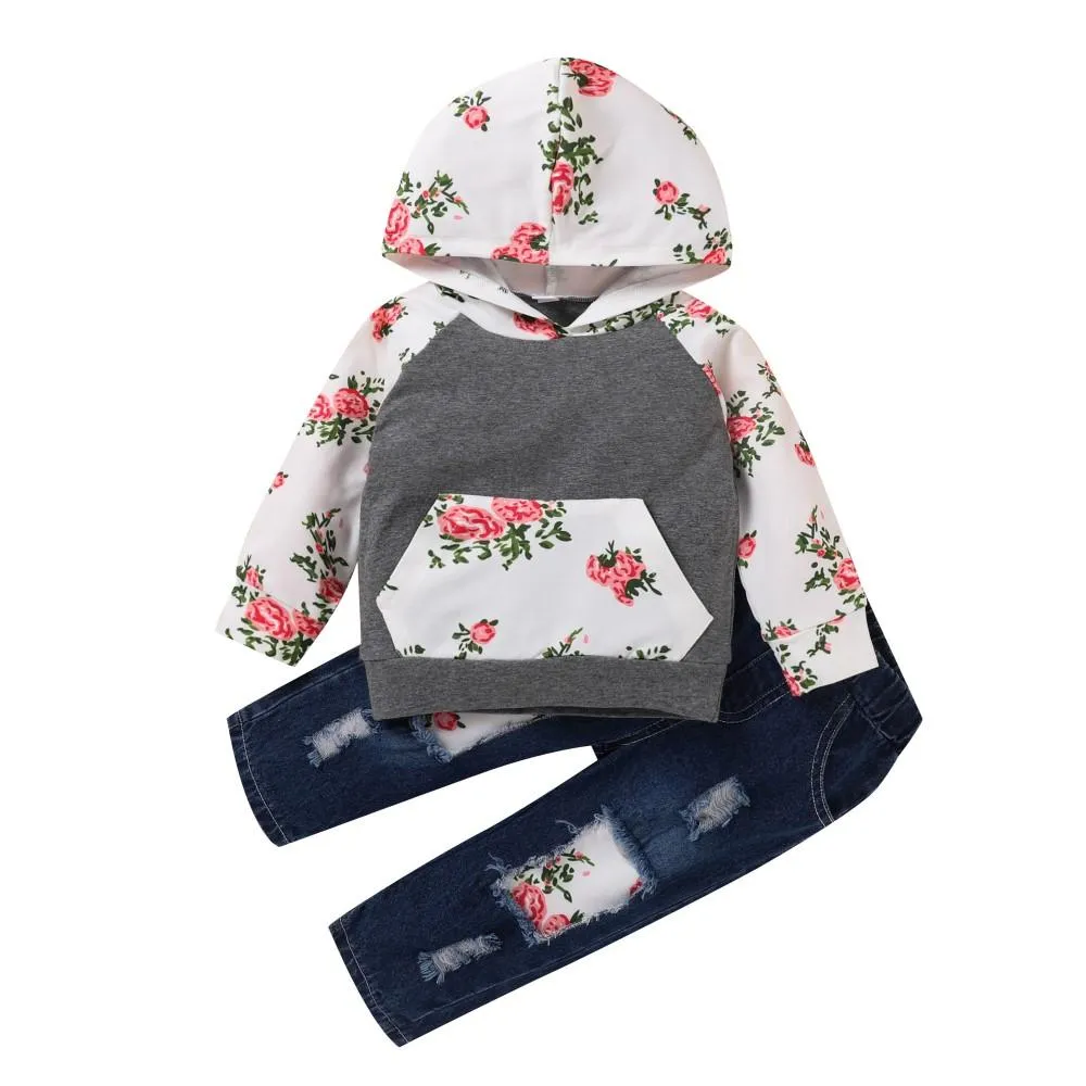 Toddler Girls Flower Printed Long Sleeve Top & Pants Wholesale Girl Clothing