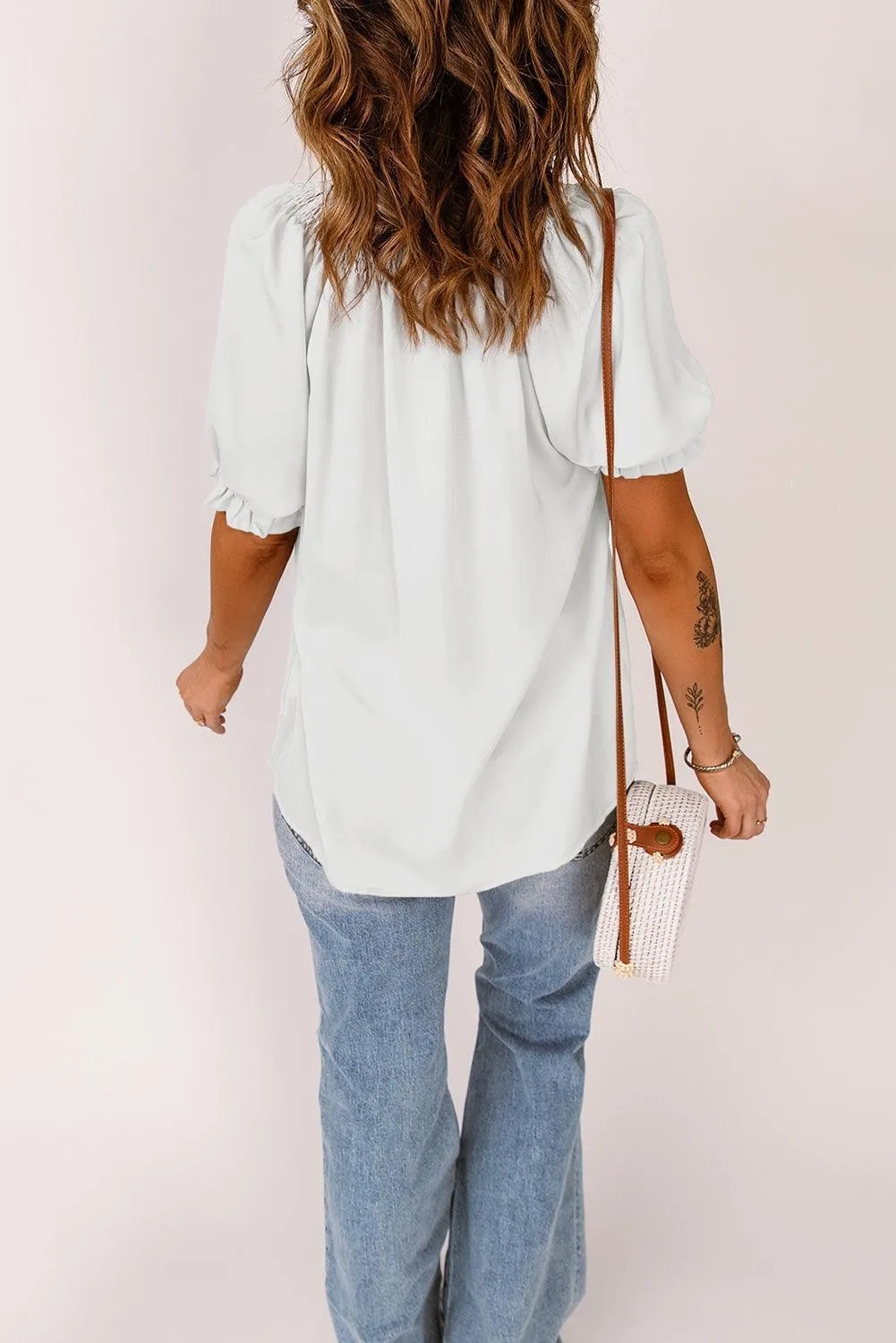 Uncomplicated Short Sleeve Tie Neck Blouse