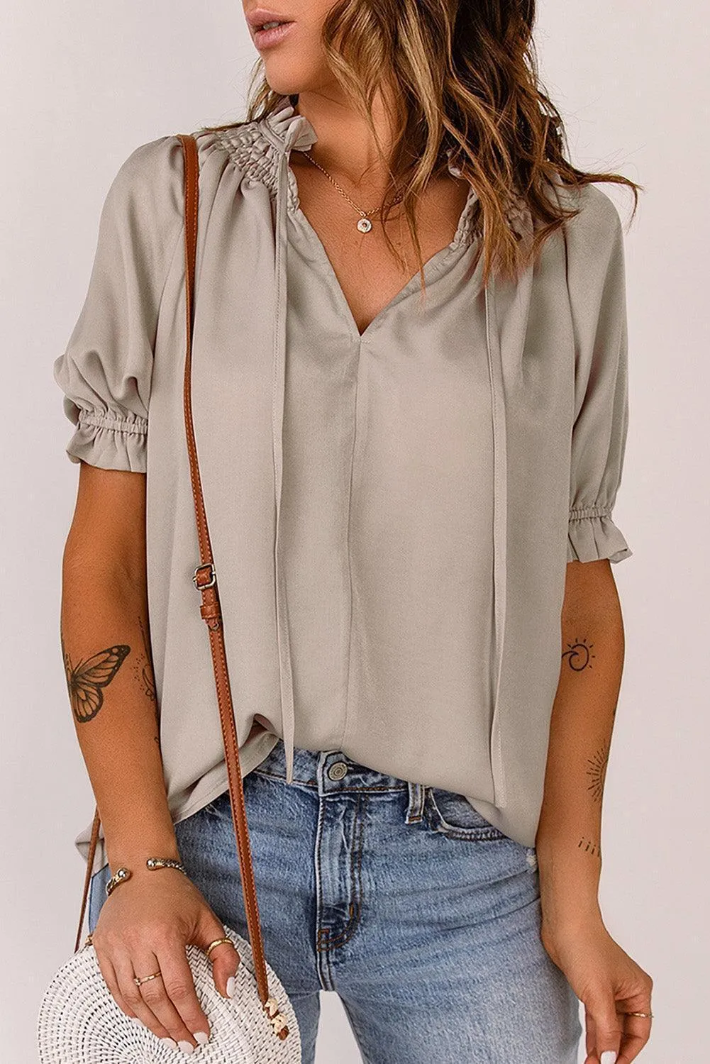 Uncomplicated Short Sleeve Tie Neck Blouse
