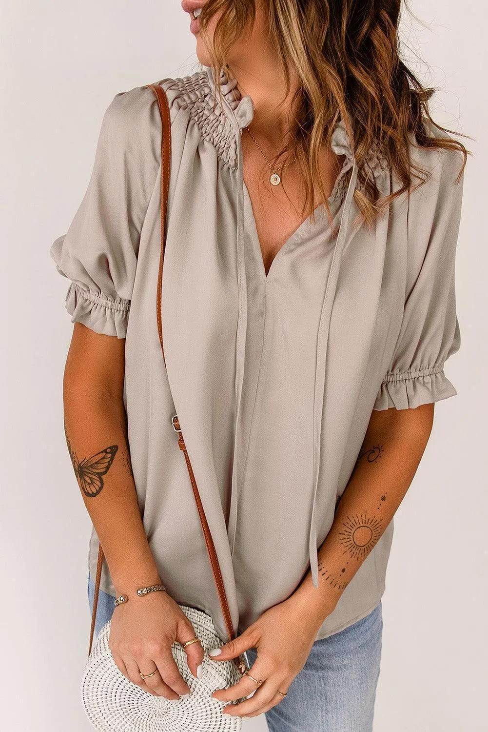 Uncomplicated Short Sleeve Tie Neck Blouse